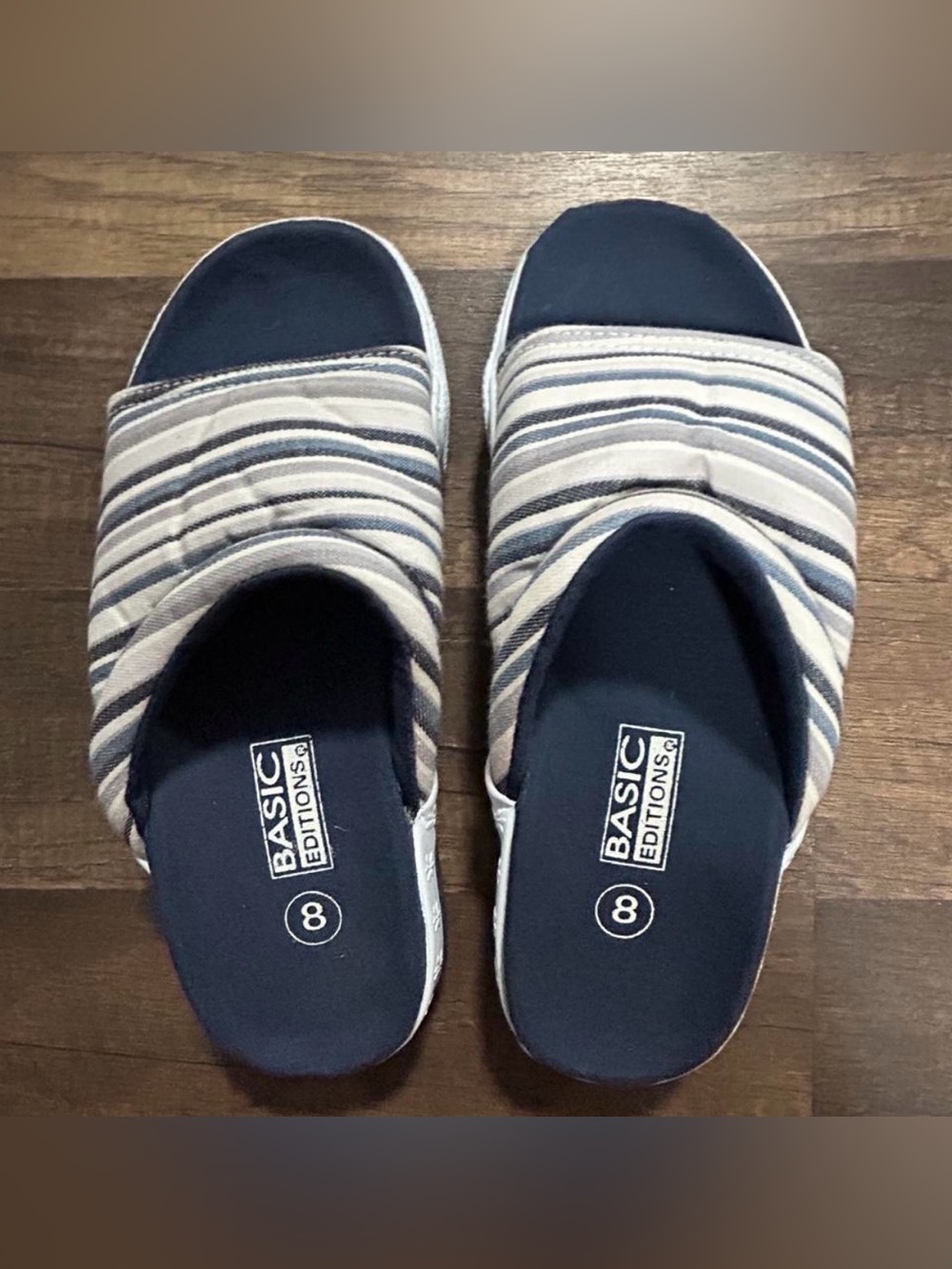 Basic Editions Navy and Cream Striped Slide Sandals
